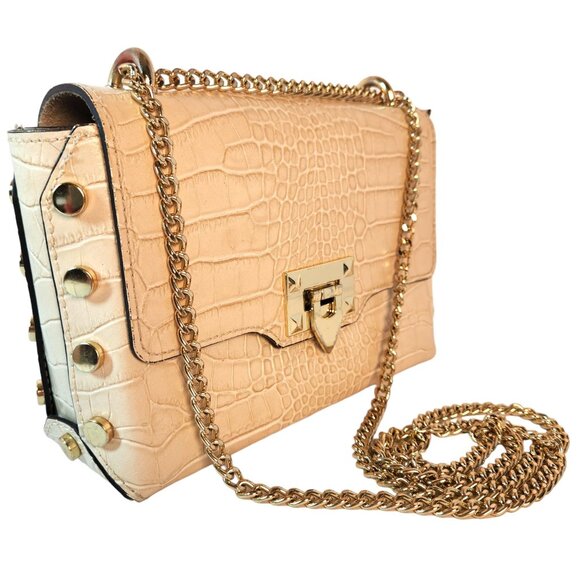 German Fuentes Off-White Croc Embossed Leather Handbag Gold Chain Made in Italy - Picture 3 of 12
